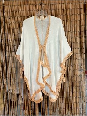 R2 Women's Cream Swim Coverup with Tan Crochet Trim and Tassels